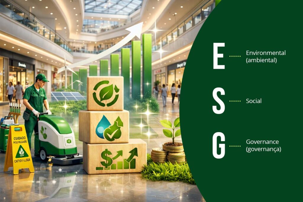 Profissional de limpeza em shopping com elementos visuais dos pilares ambiental, social e governança aplicados ao ESG em facilities
