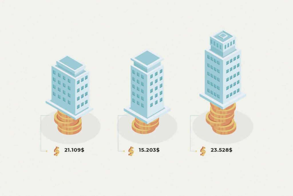 Ilustração de edifícios comerciais sobre moedas representando a valorização patrimonial gerada por práticas ESG em facilities