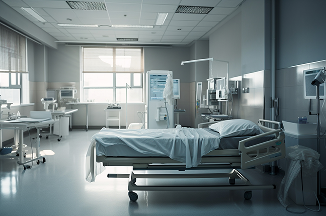 Quarto hospitalar higienizado e preparado para atendimento.