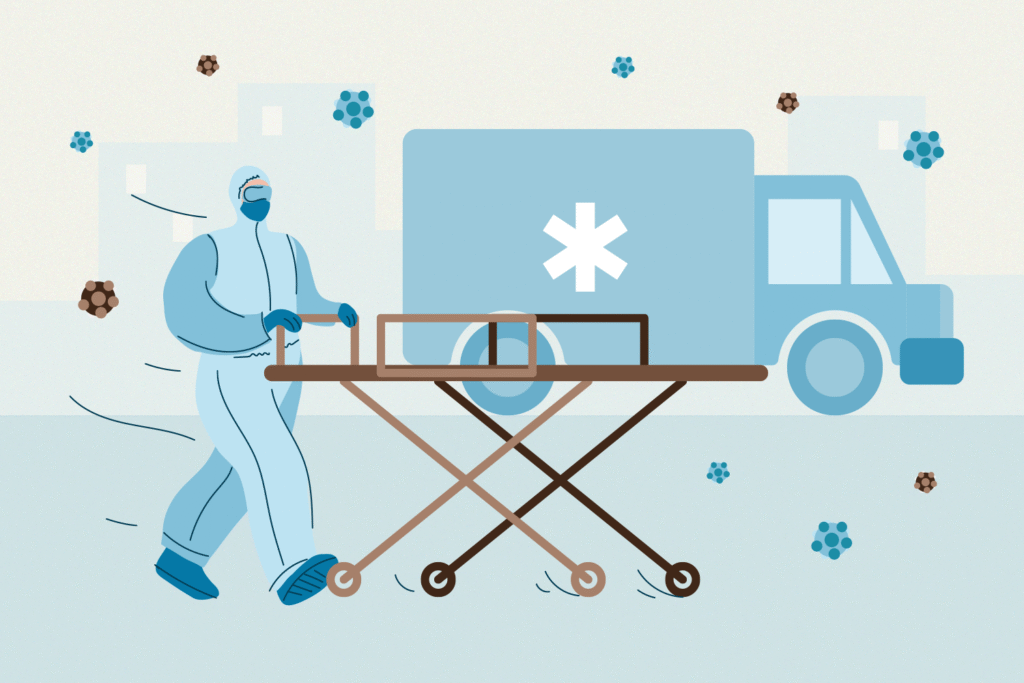 Ilustração de profissional com roupa de proteção empurrando maca hospitalar, com ambulância ao fundo e microrganismos no ambiente.