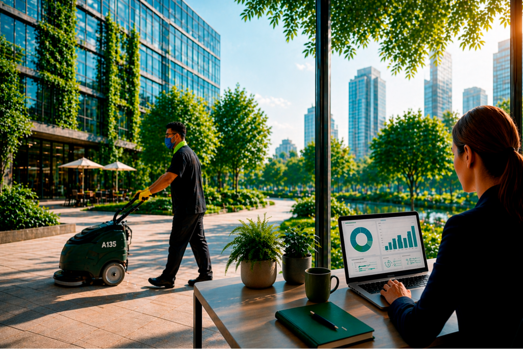 Profissional de facilities monitorando operação predial sustentável com equipamento de limpeza em edifício corporativo