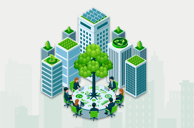 Ilustração de edifícios sustentáveis com áreas verdes representando ESG aplicado à operação predial