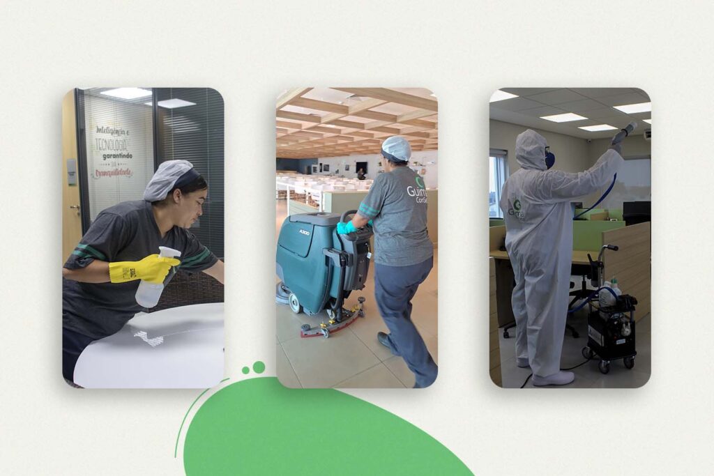Profissionais realizando serviços de limpeza predial, como higienização de superfícies, lavagem de pisos e limpeza técnica